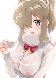 Rule 34 | 1girl, :d, alpaca ears, alpaca suri (kemono friends), amasora taichi, animal ears, blush, breasts, brown hair, button gap, cleavage, covered erect nipples, cup, dress shirt, fur-trimmed sleeves, fur collar, fur trim, grey eyes, hair over one eye, hand up, highres, holding, holding cup, horizontal pupils, kemono friends, large breasts, long sleeves, looking at viewer, no bra, open mouth, see-through, shirt, sidelocks, simple background, smile, solo, steam, sweat, upper body, white background, white shirt