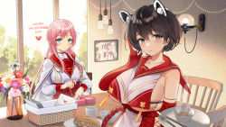 Rule 34 | 2girls, absurdres, animal ears, bare shoulders, black hair, blue archive, blue eyes, blush, box, breasts, commentary request, elbow gloves, food, fork, gift, gift box, gloves, grey eyes, highres, holding, index finger raised, indoors, kitchen, knife, large breasts, long hair, long sleeves, looking at viewer, mimori (blue archive), multiple girls, photo (object), picture frame, pink hair, red gloves, sailor collar, short hair, sideboob, simple background, sleeveless, smile, soup, steam, tsubaki (blue archive), upper body, valentine, yokii