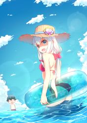 Rule 34 | 10s, 1girl, :d, alternate hairstyle, ass, bikini, blood, blue sky, blush, bow, brother and sister, chibi, chibi inset, cloud, cloudy sky, day, eromanga sensei, hair bow, halterneck, hat, innertube, izumi masamune, izumi sagiri, lens flare, long hair, looking at viewer, looking back, low twintails, nose blush, nosebleed, ocean, open mouth, outdoors, pink bikini, pink bow, siblings, sky, smile, solo focus, straw hat, sun hat, swim ring, swimsuit, thighs, twintails, violetsang, wading