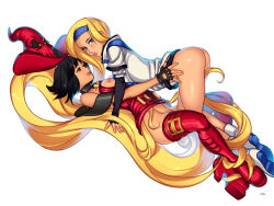 Rule 34 | 2girls, absurdly long hair, arc system works, ass, bare shoulders, black hair, blonde hair, blue eyes, boots, breasts, fingerless gloves, girl on top, gloves, guilty gear, guilty gear xx, hat, i-no, licking lips, living clothes, long hair, looking at viewer, millia rage, mole, multiple girls, naughty face, nipple bar, nipple piercing, nipples, no panties, optionaltypo, piercing, prehensile hair, red hat, short hair, simple background, thigh boots, thighhighs, tongue, tongue out, very long hair, yuri