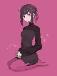 Rule 34 | 1girl, blush stickers, braid, brown hair, dress, freckles, full body, long sleeves, looking at viewer, maco22, no shoes, original, pantyhose, pink background, pink eyes, ribbon braid, seiza, sitting, smile, solo