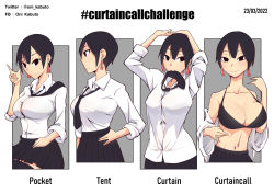 Rule 34 | 1girl, bad id, bad twitter id, black bra, black eyes, black hair, black necktie, black skirt, blush, bra, breasts, button gap, cleavage, collared shirt, curtain call challenge (meme), dated, earrings, english text, facebook username, grey background, hand on own hip, highres, jewelry, large breasts, long sleeves, meme, mouth hold, multiple views, navel, necktie, oni kabuto, original, pleated skirt, profile, shirt, shirt tucked in, short hair, skirt, smile, taut clothes, taut shirt, twitter username, underwear, white shirt