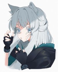 Rule 34 | 1girl, animal ear fluff, animal ears, arknights, cat ears, cat girl, cloak, colored eyelashes, crying, fingerless gloves, gloves, grey eyes, infection monitor (arknights), long hair, rosmontis (arknights), signal 1120, silver hair, solo, tears