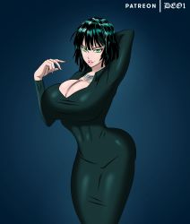 Rule 34 | 1girl, absurdres, arms behind head, bob cut, breasts, cleavage, curvy, deo, dress, fubuki (one-punch man), green eyes, highres, jewelry, large breasts, lipstick, looking at viewer, makeup, necklace, one-punch man, pink lips, simple background, solo, tight clothes, tight dress