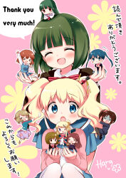 Rule 34 | &gt; &lt;, 6+girls, :d, :o, ^ ^, alice cartelet, aqua jacket, arm up, arms up, artist name, black footwear, blonde hair, blue eyes, blue hair, blue skirt, blush, border, bow, brown hair, brown socks, buttons, carrying, carrying person, chestnut mouth, chibi, chopsticks, clenched hands, closed eyes, closed mouth, collar, collared shirt, cowboy shot, curly hair, dark green hair, dot mouth, dot nose, double-breasted, english text, everyone, fang, fangs, floral background, floral print, flower, flying sweatdrops, full body, furrowed brow, green hair, grey eyes, hair bun, hair ornament, hairclip, hand up, hands up, hanging on another, hara yui, high ponytail, highres, higurashi kana, in palm, inokuma youko, jacket, jitome, karasuma sakura, kin-iro mosaic, komichi aya, kujou karen, kuzehashi akari, long sleeves, matching outfits, matsubara honoka, mixed-language text, multiple girls, official alternate costume, official art, oomiya isami, oomiya shinobu, open clothes, open jacket, open mouth, orange eyes, orange hair, outstretched arm, pantyhose, pink background, pink bow, pleated skirt, purple eyes, purple hair, purple skirt, red bow, red eyes, red hair, school uniform, shaded face, shirt, shoes, short twintails, side ponytail, signature, sitting, skin fang, skin fangs, skirt, smile, socks, straight hair, thank you, track jacket, translation request, twintails, white border, white collar, white shirt, white socks, x hair ornament, yellow bow