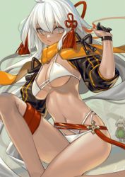 Rule 34 | 2girls, ahoge, bikini, black jacket, breasts, cropped jacket, dark-skinned female, dark skin, fate/grand order, fate (series), grey eyes, highres, jacket, lanzi (415460661), long hair, long sleeves, looking at viewer, medium breasts, multiple girls, navel, okita souji (fate), okita souji alter (swimsuit saber) (fate), okita souji alter (swimsuit saber) (first ascension) (fate), orange scarf, rengoku (fate), rengoku (first ascension) (fate), scarf, shrug (clothing), swimsuit, tassel, thighs, very long hair, white bikini, white hair