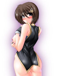 Rule 34 | 00s, 1girl, ass, black hair, blue bra, blue eyes, blush, bob cut, bottomless, bra, bra lift, breast hold, breasts, curvy, embarrassed, fingerless gloves, from behind, gloves, hair ornament, hairclip, kanten, large breasts, lingerie, looking back, lyrical nanoha, mahou shoujo lyrical nanoha, mahou shoujo lyrical nanoha strikers, nipples, short hair, sideboob, sleeveless, solo, standing, sweat, uncensored, underwear, x hair ornament, yagami hayate