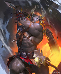 Rule 34 | 1boy, abs, animal ears, axe, bara, beard, black male underwear, briefs, brown fur, character request, check copyright, chest hair, chest harness, copyright request, cow ears, cow horns, cow tail, cygames, eye trail, facial hair, fighting stance, furry, furry male, glowing, glowing eye, gluteal fold, harness, highres, holding, holding axe, horns, incoming attack, large pectorals, light trail, male focus, male underwear, mature male, minotaur, muscular, muscular male, nagamori kouta, navel, official art, orange hair, over shoulder, pectorals, revealing clothes, shadowverse, short hair, sidepec, solo, standing, standing on one leg, stomach, tail, thick thighs, thighs, underwear, weapon, weapon over shoulder, wind, wind lift