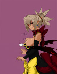 Rule 34 | 1girl, bat wings, black sclera, blonde hair, bow, breasts, clothes pull, colored sclera, dark persona, demon girl, detached sleeves, disgaea, dress, dress pull, earrings, hair ornament, highres, jewelry, large breasts, makai senki disgaea 2, necklace, pointy ears, red eyes, rozalin, suigintouin, surprised, sweatdrop, wings, yellow bow, zenon, zenon (disgaea)