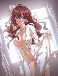 Rule 34 | 10s, 1girl, ahoge, arm up, blue eyes, breasts, brown hair, collarbone, commentary request, earrings, highres, ichinose shiki, idolmaster, idolmaster cinderella girls, jewelry, kyouno aki, lab coat, lab coat, long hair, long sleeves, looking at viewer, medium breasts, naked labcoat, navel, open clothes, solo, wavy hair