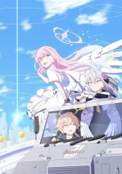Rule 34 | 3girls, azusa (blue archive), blue archive, blue sky, brown hair, car, driving, gun, halo, hifumi (blue archive), highres, jamira, long hair, mika (blue archive), motor vehicle, multiple girls, pink hair, school uniform, sitting, sky, weapon, white hair, white wings, wings