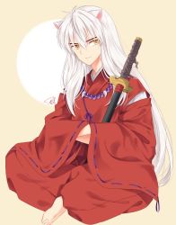 Rule 34 | 1boy, animal ears, crossed arms, dog ears, hair between eyes, haori, highres, indian style, inuyasha, inuyasha (character), istriri, japanese clothes, jewelry, long hair, looking to the side, male focus, necklace, signature, sitting, smirk, solo, sword, weapon, white background, white hair, wide sleeves, yellow eyes