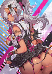 Rule 34 | 1girl, arm tattoo, ass, back, bow, breasts, cleavage, commentary request, dark skin, dark-skinned female, grey hair, hair bow, large breasts, looking at viewer, original, panties, pointy ears, ponytail, skirt, solo, tajima ryuushi, tattoo, thighhighs, tongue, tongue out, underwear