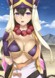 Rule 34 | 1girl, bad id, bad pixiv id, bead necklace, beads, black hair, bracer, breasts, cleavage, earrings, fate/grand order, fate (series), hat, jewelry, large breasts, long hair, looking at viewer, mountain, necklace, open mouth, pinta (ayashii bochi), purple eyes, solo, xuangzang sanzang (fate)