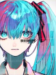 Rule 34 | 1girl, absurdres, barcode, blue eyes, blue hair, hatsune miku, highres, kyoma (yuhi), long bangs, long hair, miku day, solo, twintails, very long hair, vocaloid, wide-eyed