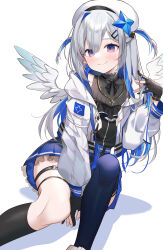 Rule 34 | 1girl, amane kanata, amane kanata (work), angel, angel wings, asymmetrical legwear, beret, between legs, black dress, black gloves, black ribbon, black socks, blue hair, blue thighhighs, blush, colored inner hair, commentary, dress, feathered wings, frilled dress, frills, gloves, grey hair, hair between eyes, hair ornament, hairpin, hand between legs, hand up, hat, highres, hololive, jacket, kneehighs, long hair, long sleeves, looking at viewer, machi (7769), multicolored hair, official alternate hair length, official alternate hairstyle, partially fingerless gloves, playing with own hair, pleated dress, purple eyes, revision, ribbon, simple background, single hair intake, single kneehigh, single sock, single thighhigh, sitting, smile, socks, solo, thighhighs, two side up, uneven legwear, virtual youtuber, white background, white hat, white jacket, wings
