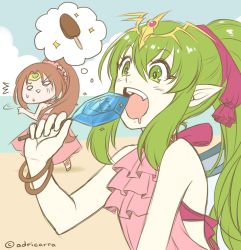 Rule 34 | 2girls, adricarra, artist name, bare shoulders, blue sky, bracelet, brown hair, cloud, day, fire emblem, fire emblem: mystery of the emblem, fire emblem heroes, food, green eyes, green hair, hair ribbon, highres, jewelry, linde (fire emblem), long hair, multiple girls, nintendo, one-piece swimsuit, open mouth, pink one-piece swimsuit, pointy ears, ponytail, popsicle, red ribbon, ribbon, sandals, sky, swimsuit, tiara, tiki (fire emblem), tiki (young) (fire emblem)