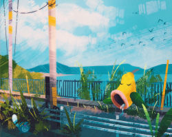 Rule 34 | bird, blue sky, commentary, creatures (company), english commentary, fence, game freak, gen 1 pokemon, grass, highres, mountain, nintendo, outdoors, plant, pokemon, pokemon (creature), poliwag, road, simone mandl, sky, sleeping, water, weepinbell