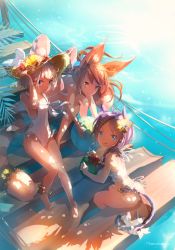 Rule 34 | 10s, 3girls, :q, animal ear fluff, animal ears, anklet, antenna hair, arms up, artist name, ass, backlighting, ball, bare shoulders, barefoot, beachball, bikini, blade &amp; soul, blue eyes, blush, bracelet, braid, bridge, casual one-piece swimsuit, cat ears, cat tail, closed mouth, clothing cutout, covered navel, cup, dappled sunlight, drinking glass, drinking straw, flower, fox ears, from above, from behind, full body, hair ornament, hair over shoulder, hairclip, hat, hat flower, heart, heart cutout, hibiscus, highres, holding, holding ball, holding clothes, holding cup, holding hat, jewelry, leaning forward, long hair, looking at viewer, looking back, looking up, lyn (blade &amp; soul), marmaladica, multiple girls, ocean, one-piece swimsuit, orange hair, outdoors, palm tree, plant, purple hair, railing, resolution mismatch, ribbon, see-through, single braid, sitting, smile, source smaller, sunflower, sunlight, swimsuit, tail, toes, tongue, tongue out, tree, tsurime, v-shaped eyebrows, water, white bikini, white hair, white one-piece swimsuit, white ribbon, wooden bridge