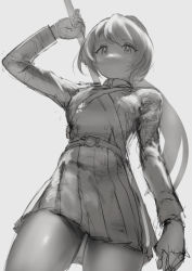 Rule 34 | 1girl, arm up, belt, character request, check character, closed mouth, cowboy shot, from below, genso, greyscale, holding, holding pole, jacket, long hair, long sleeves, looking at viewer, miniskirt, monochrome, original, pleated skirt, pole, ponytail, sketch, skirt, solo, uniform