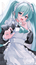 1girl alternate_costume apron aqua_ascot aqua_eyes aqua_hair aqua_nails ascot blush commentary_request frilled_apron frills hair_between_eyes hatsune_miku highres looking_at_viewer maid maid_apron maid_headdress open_mouth partial_commentary puffy_sleeves signature striped_blush twintails urara_31_e vocaloid white_apron