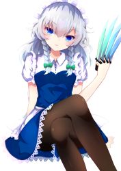 Rule 34 | 1girl, arm support, between fingers, blue dress, blue eyes, blush, bow, braid, breasts, brown pantyhose, crossed legs, dress, feet out of frame, frills, green bow, hair between eyes, hair bow, hair ribbon, hand up, highres, holding, holding knife, iridescent, izayoi sakuya, knife, long hair, looking at viewer, maid headdress, medium breasts, pantyhose, parted lips, puffy short sleeves, puffy sleeves, ribbon, short sleeves, side braids, silver hair, simple background, solo, throwing knife, tomoe (fdhs5855), touhou, tress ribbon, twin braids, weapon, white background, wing collar