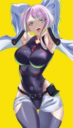 Rule 34 | 1girl, absurdres, armpits, arms behind head, black leotard, blue eyes, blue jacket, breasts, covered navel, cropped jacket, cyberpunk (series), cyberpunk edgerunners, eyeliner, green hair, grey shorts, highres, jacket, large breasts, leotard, lipstick, looking at viewer, lucy (cyberpunk), makeup, multicolored hair, omanju25, open mouth, pink hair, purple hair, red eyeliner, short hair with long locks, shorts, simple background, smile, solo, yellow background