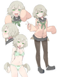 Rule 34 | 1girl, :d, bell, black pantyhose, blush, bow, bow bra, bow panties, bra, braid, breasts, cardigan, cleavage, closed mouth, crying, fang, from side, green eyes, green panties, hair bell, hair ornament, half-closed eyes, highres, inu kaze yamu, long sleeves, looking at viewer, multiple views, open mouth, original, panties, pantyhose, pleated skirt, sad, sailor collar, school uniform, serafuku, side ponytail, skirt, sleeves past wrists, small breasts, smile, smug, standing, teeth, underwear, underwear only, v, wide sleeves