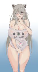 Rule 34 | 1girl, absurdres, animal ears, black choker, black nails, blue eyes, blush, breasts, breath, choker, cleavage, clothes pull, collarbone, drawfag, ear piercing, finger to mouth, gradient background, grey shirt, heart, heart in eye, highres, hololive, huge breasts, lion ears, lion girl, long hair, looking at viewer, off shoulder, official alternate costume, open mouth, piercing, pussy juice, shirt, shirt pull, shishiro botan, shishiro botan (casual), shushing, smile, solo, ssrb (shishiro botan), symbol in eye, very long hair, virtual youtuber, wet, wet clothes, wet shirt
