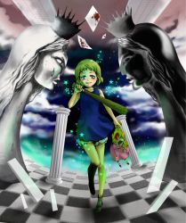 Rule 34 | 1girl, aqua eyes, bad id, bad pixiv id, baseball bat, blonde hair, blood, bloomers, broken, chess piece, chessboard, crazy eyes, doll, dress, highres, holding, knees together feet apart, looking at viewer, misochige, paper, shoes, short hair, socks, solo, star (symbol), surreal, underwear, usotsuki, weapon, yume nisshi