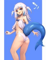 Rule 34 | 1girl, ass, bare shoulders, blue bow, blue eyes, blue hair, blunt bangs, bow, breasts, fins, fish bone, fish tail, gawr gura, grey hair, hair ornament, hairclip, highres, hololive, hololive english, long hair, multicolored hair, navel, notte, panties, shark tail, sharp teeth, simple background, small breasts, solo, stitches, tail, teeth, tongue, twintails, underwear, upper teeth only, virtual youtuber, white panties