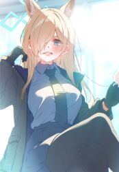 Rule 34 | 1girl, animal ears, black gloves, black jacket, black necktie, black pantyhose, blonde hair, blue archive, blue eyes, blue halo, blue shirt, blue skirt, breasts, clenched teeth, crossed legs, feet out of frame, gloves, hair over one eye, halo, highres, itsk ne, jacket, kanna (blue archive), large breasts, long hair, long sleeves, looking at viewer, necktie, open clothes, open jacket, pantyhose, sharp teeth, shirt, skirt, solo, teeth