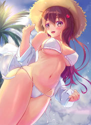 Rule 34 | 1girl, bare shoulders, bikini, blush, breasts, brown eyes, brown hair, cloud, curvy, day, dress shirt, from behind, from below, hat, highres, long hair, medium breasts, navel, open mouth, original, outdoors, shirt, sky, smile, solo, standing, straw hat, swimsuit, white bikini, wide hips, zongmao