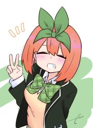 Rule 34 | 1girl, ^ ^, black jacket, blazer, blush, bow, breasts, closed eyes, collared shirt, commentary request, eyebrows hidden by hair, facing viewer, go-toubun no hanayome, green background, green bow, green ribbon, grin, hair between eyes, hair ribbon, hand up, highres, jacket, kujou karasuma, long sleeves, looking at viewer, medium breasts, nakano yotsuba, notice lines, open clothes, open jacket, orange hair, ribbon, school uniform, shirt, signature, sleeves past wrists, smile, solo, two-tone background, upper body, v, white background, white shirt
