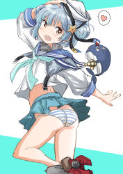 Rule 34 | 1girl, aqua neckwear, ass, black ribbon, blue hair, blue sailor collar, blue skirt, commentary request, dixie cup hat, double bun, from behind, fuji (pixiv24804665), hair bun, hat, hat ribbon, heart, highres, holding, holding clothes, holding hat, kantai collection, little blue whale (kancolle), long sleeves, looking at viewer, looking back, military hat, miniskirt, navy cross, neckerchief, panties, pleated skirt, ribbon, rudder footwear, sailor collar, samuel b. roberts (kancolle), school uniform, serafuku, shirt, short hair, skirt, sleeve cuffs, spoken heart, standing, standing on one leg, striped clothes, striped panties, underwear, whale, white headwear, white shirt, yellow eyes
