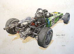 Rule 34 | 1970, artist name, cable, car, engine, exhaust pipe, formula racer, from behind, highres, ink (medium), ishimoto takumi, merlyn mk17, motor vehicle, no humans, original, race vehicle, racecar, roundel, shadow, side-view mirror, simple background, solo, steering wheel, traditional media, vehicle focus, watercolor pencil (medium), white background, windshield