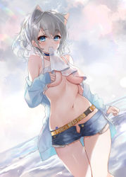 Rule 34 | 1girl, animal ears, bare shoulders, blue choker, blue eyes, blue jacket, blush, breasts, cat ears, cat girl, choker, cloud, cloudy sky, collarbone, crop top, day, denim, denim shorts, dutch angle, exposed pocket, hand on own chest, highres, jacket, lifting own clothes, long sleeves, medium breasts, micro shorts, mole, mole on breast, mouth hold, natsuki (ukiwakudasai), navel, off shoulder, open clothes, open fly, open jacket, original, outdoors, ponytail, short hair, shorts, silver hair, sky, solo, stomach, thigh gap, thighs, underboob, water