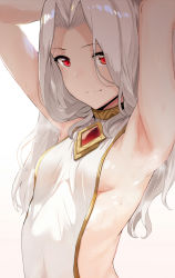 Rule 34 | 1girl, armpits, arms up, bare arms, breasts, closed mouth, erune, granblue fantasy, hews, highres, long hair, looking at viewer, navel, red eyes, scathacha (granblue fantasy), silver hair, small breasts, smile, solo, standing, sweat, white background