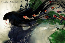 Rule 34 | 1girl, black hair, closed eyes, commentary, fish, japanese clothes, koi, lily pad, lipstick, long hair, makeup, original, ripples, solo, watermark, web address, yuumei