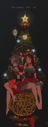 Rule 34 | 2girls, backless dress, backless outfit, barefoot, blue eyes, bow, braid, breasts, christmas, christmas lights, christmas ornaments, christmas tree, cleavage, corset, covering own mouth, dress, elbow gloves, english text, fingerless gloves, gift, gingerbread cookie, gloves, grey hair, hanasai usagiko, hat, highres, holding, hong meiling, hood, hood down, izayoi sakuya, lights, long hair, looking at another, multicolored clothes, multicolored dress, multiple girls, open mouth, puffy short sleeves, puffy sleeves, red hair, red hat, santa hat, short hair, short sleeves, star (symbol), touhou, twin braids, underbust, yellow bow