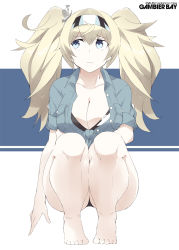 Rule 34 | 1girl, barefoot, bikini, black bikini, blonde hair, blue eyes, blue shirt, breast pocket, breasts, character name, commentary request, gambier bay (kancolle), hairband, kantai collection, large breasts, pocket, shigino sohuzi, shirt, solo, squatting, star (symbol), star print, swimsuit, tied shirt, twintails, white background