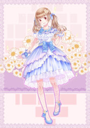 Rule 34 | 1girl, :d, blue dress, blue footwear, brown hair, dress, flower, frilled dress, frills, hair flower, hair ornament, high heels, highres, layered dress, looking at viewer, musical note, open mouth, red eyes, semiquaver, shoes, smile, solo, standing, summer worm, tian tian meng wuyu, twintails, white legwear