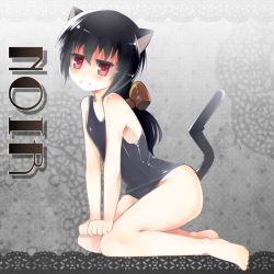 Rule 34 | 10s, 1girl, animal ears, bad id, bad pixiv id, barefoot, black hair, blush, cat ears, cat tail, character name, dog days, hair ribbon, long hair, nitzleplick, noir vinocacao, one-piece swimsuit, red eyes, ribbon, school swimsuit, seiza, sitting, smile, solo, swimsuit, tail, taosym