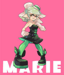 Rule 34 | + +, 1girl, ankle boots, black dress, black footwear, boots, character name, detached collar, dress, earrings, english text, fangs, food, food on head, full body, gloves, gomipomi, green pantyhose, grey hair, hand on own hip, inkling, jewelry, looking at viewer, marie (splatoon), mole, mole under eye, nintendo, object on head, pantyhose, parted lips, pointy ears, purple background, short dress, short hair, simple background, smile, solo, splatoon (series), splatoon 1, standing, strapless, strapless dress, tentacle hair, white gloves