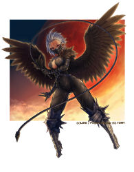 Rule 34 | 10s, 1girl, armor, armored boots, bad id, bad pixiv id, black wings, boots, breasts, cleavage, company name, covered mouth, feathered wings, flying, full body, highres, holding, holding weapon, looking at viewer, official art, orange eyes, outstretched arm, pointy ears, saltydanshark, short hair, silver hair, solo, sunset, tattoo, weapon, whip, wings, wixoss