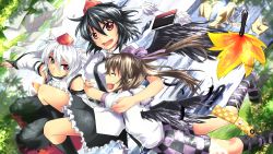 Rule 34 | 3girls, animal ears, ashiroku (miracle hinacle), black hair, black wings, book, brown hair, camera, cellphone, checkered clothes, checkered skirt, detached sleeves, feathers, floral print, hand fan, hat, heart, highres, himekaidou hatate, hug, inubashiri momiji, long hair, multiple girls, necktie, phone, pointy ears, red eyes, ribbon, shameimaru aya, shield, short hair, silver hair, skirt, smile, tail, tokin hat, touhou, twintails, water, waterfall, wings, wolf ears, wolf tail