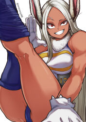 Rule 34 | 1girl, :d, animal ears, aosora2823, bare shoulders, boku no hero academia, breasts, crescent print, dark-skinned female, dark skin, fur collar, gloves, hand up, highres, large breasts, legs up, leotard, long eyelashes, long hair, looking at viewer, loose thighhigh, mirko, open mouth, parted bangs, purple thighhighs, rabbit ears, rabbit girl, raised eyebrow, red eyes, sitting, sleeveless turtleneck leotard, smile, solo, taut leotard, teeth, thick thighs, thighhighs, thighs, toned, twitter username, uneven eyes, very long hair, white background, white gloves, white hair, white leotard
