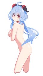 Rule 34 | 1girl, absurdres, ahoge, back, blue hair, breaaad, breasts, closed mouth, completely nude, covering privates, covering one breast, cropped legs, floating hair, from side, ganyu (genshin impact), genshin impact, hair between eyes, highres, horns, large breasts, long hair, looking at viewer, looking back, looking to the side, nude, red eyes, shoulder blades, sideboob, simple background, solo, very long hair, white background