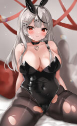 Rule 34 | 1girl, absurdres, animal ears, bare shoulders, black collar, black hair, black leotard, black pantyhose, blush, braid, breasts, cleavage, collar, collarbone, covered navel, fake animal ears, grey hair, hair ornament, highres, hololive, koikawasachi, large breasts, leotard, long hair, looking at viewer, multicolored hair, pantyhose, playboy bunny, rabbit ears, red eyes, sakamata chloe, smile, solo, spread legs, strapless, strapless leotard, streaked hair, thighs, torn clothes, torn pantyhose, virtual youtuber, wrist cuffs, x hair ornament