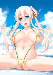 Rule 34 | 1girl, blue eyes, blush, breasts, cameltoe, covered erect nipples, female focus, highres, large breasts, long hair, mabinogi, nao (mabinogi), navel, open mouth, outdoors, sky, slingshot swimsuit, solo, swimsuit, twintails, umitsubame, white hair